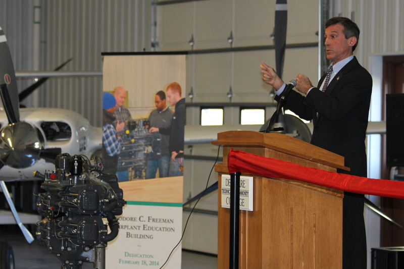 Congressman John Carney speaks at the dedication ceremony of Delaware Technical Community College's new aviation maintenance building. Following the ceremony, the congressman stopped by the Cape Gazette offices to talk about Sussex County issues, during which he praised the college for offering local students an opportunity to fill job openings in an increasingly competitive job market. COURTESY ALBERT SHIELDS